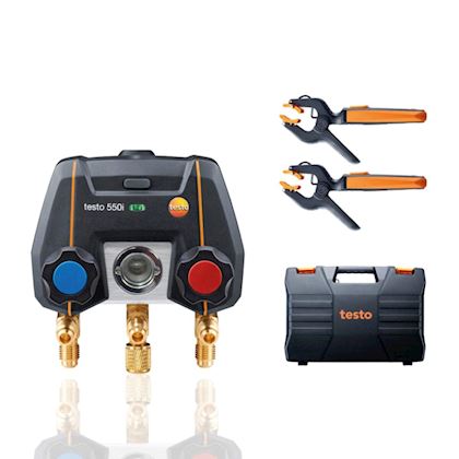 Testo 550i Smart set App-gestuurde digitale manifold met draadloze tang/-temperatuurvoelers (NTC)