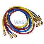 Mastercool slangenset 1x 45° met kogelafsluiters 1/4" x 1/4" l= 1,8 m rood/geel/blauw (A1/A2L/A3)