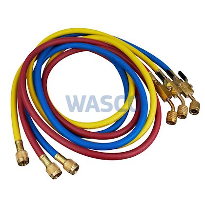 Mastercool slangenset 1x 45° met kogelafsluiters 1/4" x 1/4" l= 1,8 m rood/geel/blauw (A1/A2L/A3)
