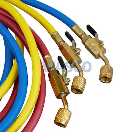 Mastercool slangenset 1x 45° met kogelafsluiters 1/4" x 1/4" l= 1,8 m rood/geel/blauw (A1/A2L/A3)