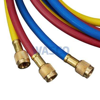 Mastercool slangenset 1x 45° met kogelafsluiters 1/4" x 1/4" l= 1,8 m rood/geel/blauw (A1/A2L/A3)