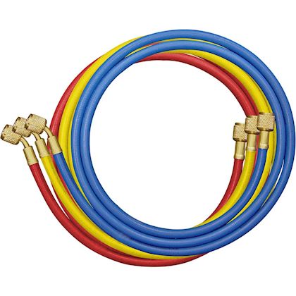 Mastercool slangenset 1x 45° met kogelafsluiters 1/4" x 1/4" l= 900 mm rood/geel/blauw (A1/A2L/A3)