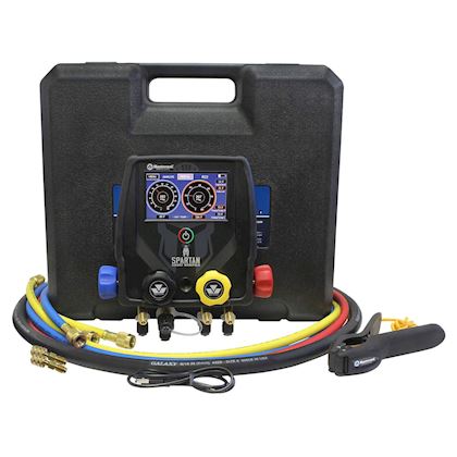 Mastercool Spartan 4-weg digitale manifoldset met 3 slangen 150cm, temperatuurklem en vacuumsensor in koffer