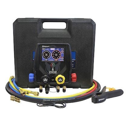 Mastercool Spartan 4-weg digitale manifoldset met 3 slangen 180cm, vacuumslang, temperatuurklem en verloopadapter 5/16" (i) x 1/4" (u)in koffer